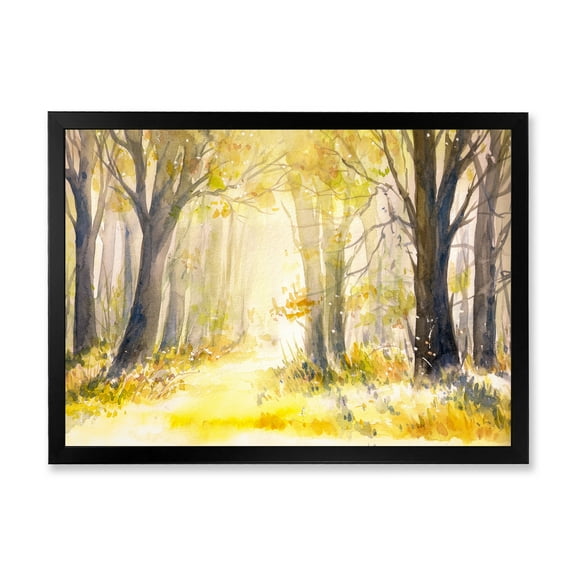 Designart 'Bright Sunshine Through The Yellow Forest Trees I' Traditional Framed Art Print