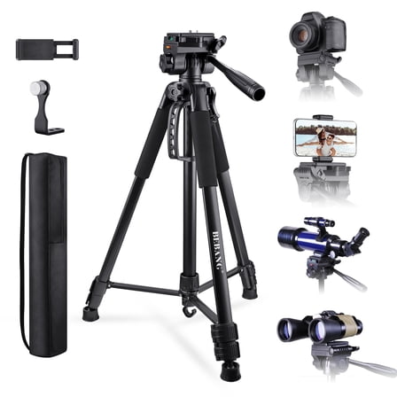 BEBANG 67" Camera Tripod,  Portable and Flexible Tripod with Clip and Adapter, Porfessional Aluminum Tripod Stand for Mirrorles DSLR Phone Camcorder Binoculars Telescope