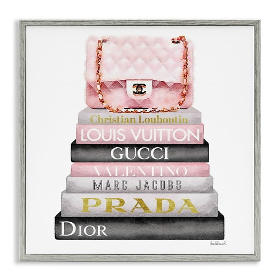 Stupell Industries Watercolor High Fashion Bookstack Padded Pink Bag Gray Framed Art Print Wall Art, 12x12, by Amanda Greenwood