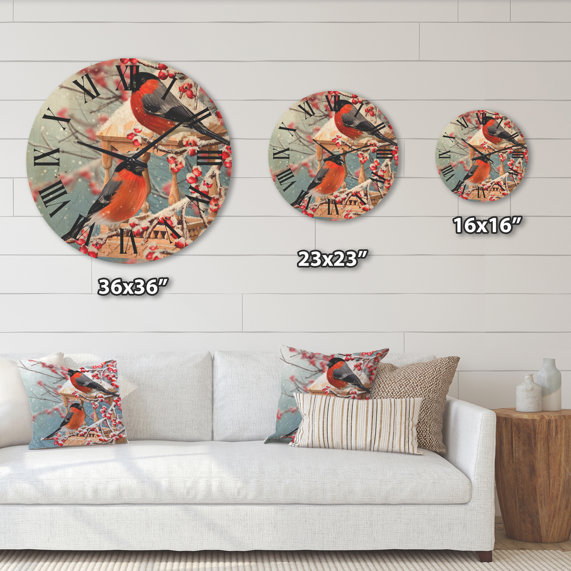 Designart 'Two Tits Sit On A Snow-Covered Berries Branch ' Traditional Wood Wall Clock