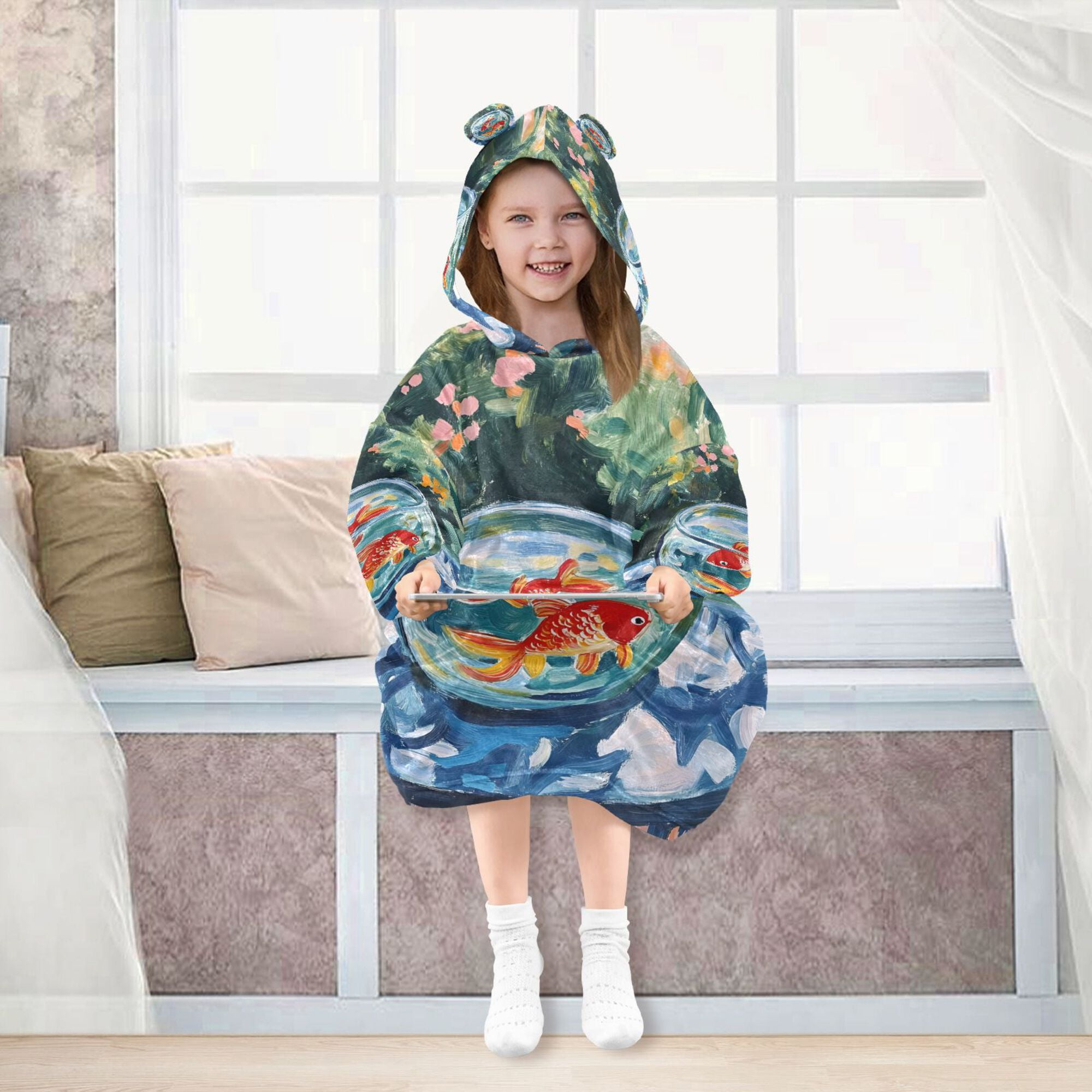 FORMRS Wearable Blanket Hoodie with Sleeves for Kids Cozy Flannel Sweatshirt, Red Goldfish