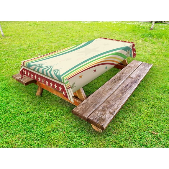 Vintage Rainbow Outdoor Tablecloth, Old School Circus Tents Design with Stars and Curved Lines Advertisement, Decorative Washable Fabric Picnic Tablecloth, 58 X 104 Inches, Multicolor, by Ambesonne