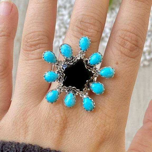 Turquoise And Black onyx Ring, Statement Handcrafted Ring. made In 925 Sterling Silver. Boho Ring, Two Stone Ring, Boho Jewelry Gift For Her