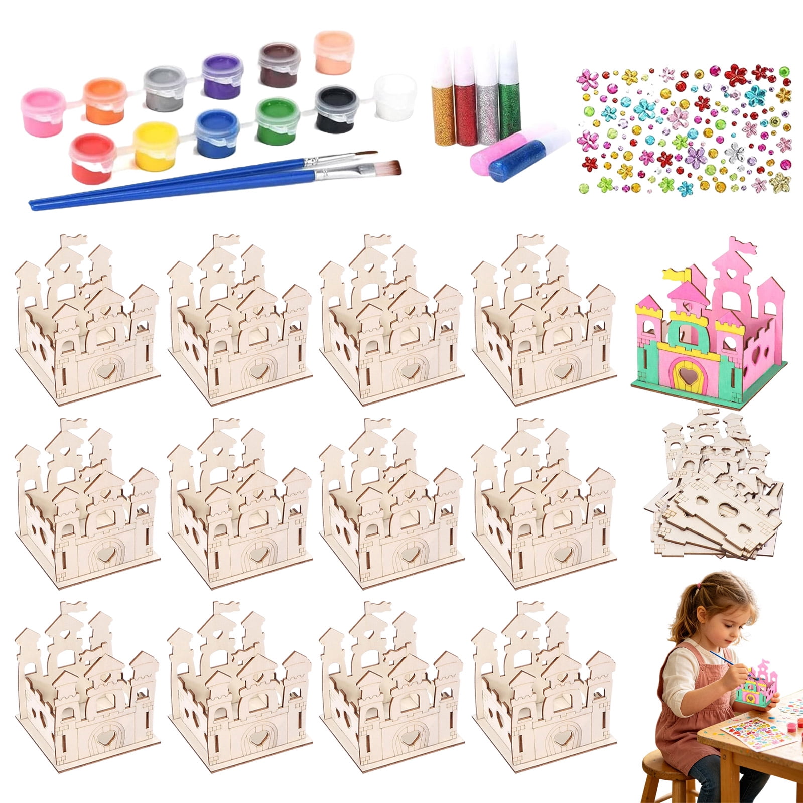 12 Sets DIY Wooden Princess Castle Craft Bulk Donate Pack for Kids, Cardboard Castle with 12 Acrylic Paints & Brushes, Ideal for Girls Birthday Party Church Christmas Donation