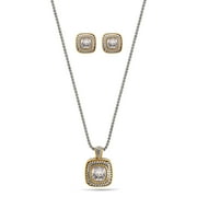 TAZZA WOMEN'S TWO TONE WHITE CRYSTAL SQUARE PENDANT NECKLACE AND EARRINGS SET #JJSET-1959CL-CZ