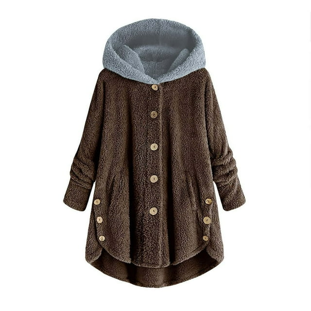 Lindbes Clearance Womens Plus Size Button Jacket Plush Solid Color Hooded Jacket Loose Cardigan Coat Winter Jacket Sweater