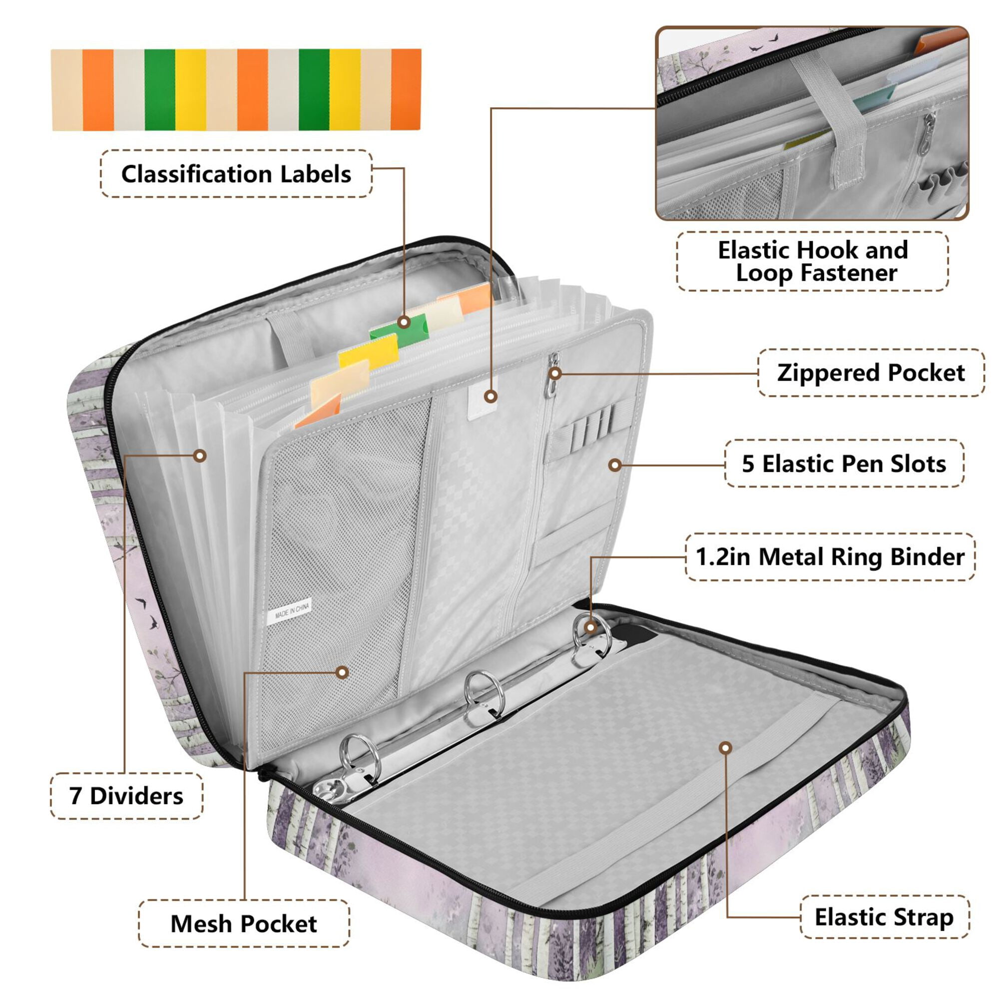 FORMRS Accordion File Folder A4 Size 7-Pocket Expanding Document Organizer Bag with 3 Ring Binder, Purple Deer