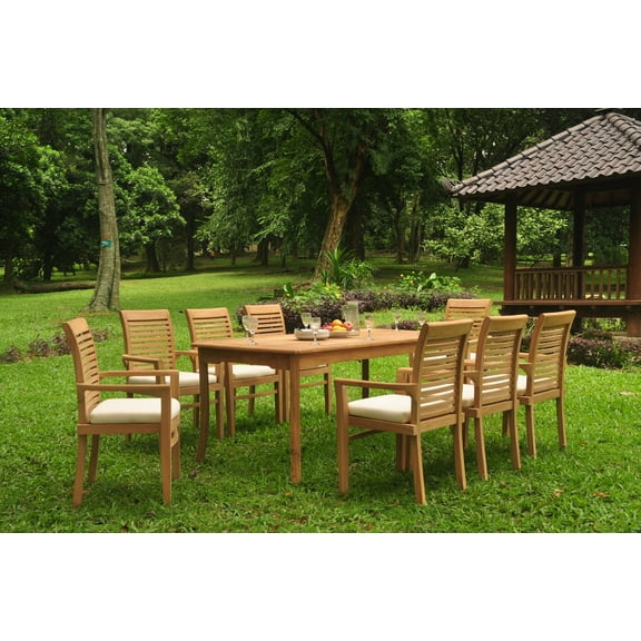 Grade-A Teak Dining Set: 8 Seater 9 Pc: 71" Rectangle Table And 8 Mas Stacking Arm Chairs Outdoor Patio WholesaleTeak #WMDSMS15