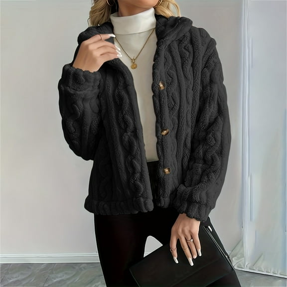 Women's Double-Sided Fleece Coat, Twisted Embossed Pattern Jacket, Plush Thermal Winter Outerwear, Soft Textured Long Sleeve Overcoat, Cozy Stand Collar Warm Layer Black L
