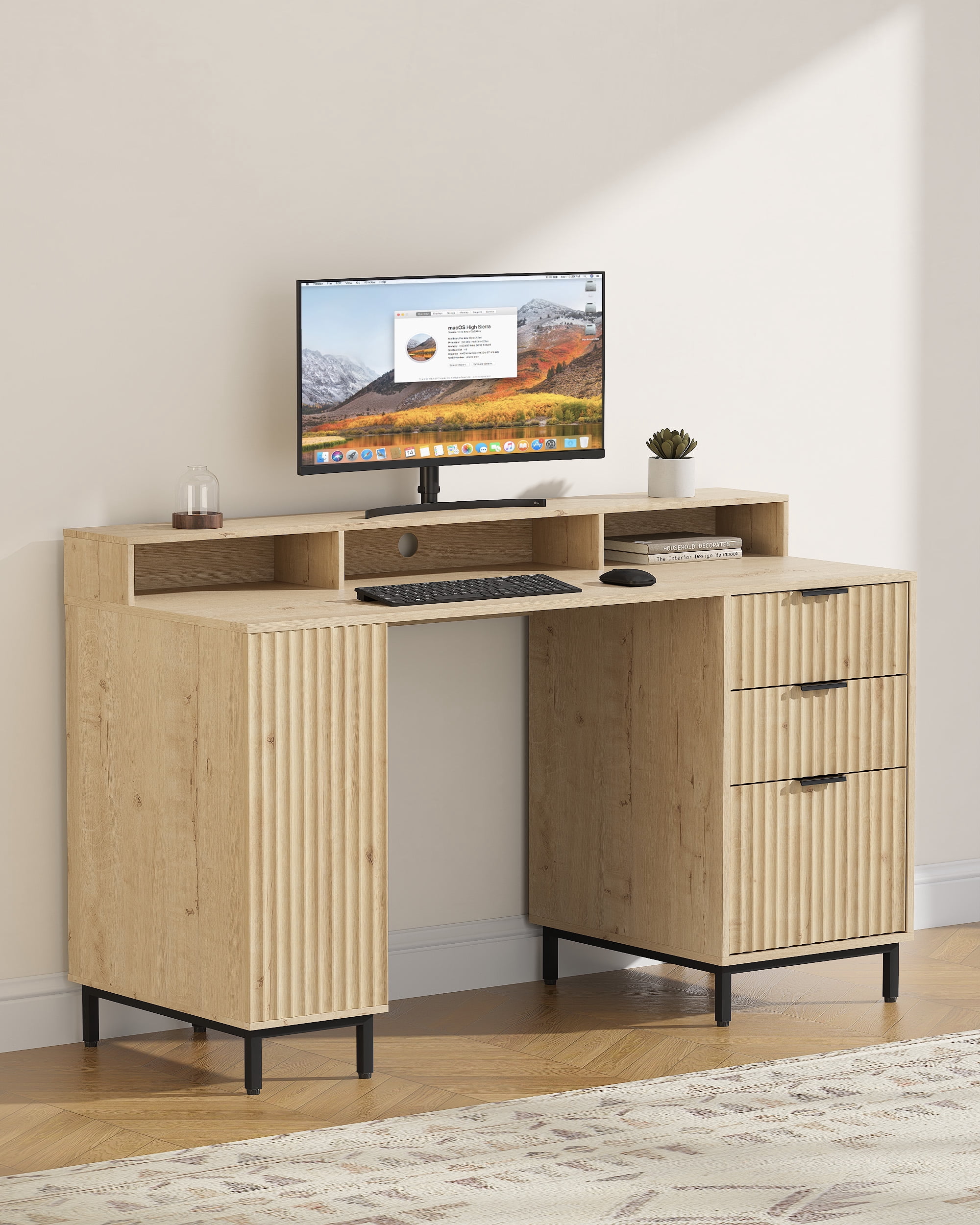 Joyyskill 55'' Fluted Executive Desk with Drawers, Modern Home Office Computer Desk with Charging Station, File Drawer, Monitor Stand, Storage Shelf for Work Writing Study, Light Oak