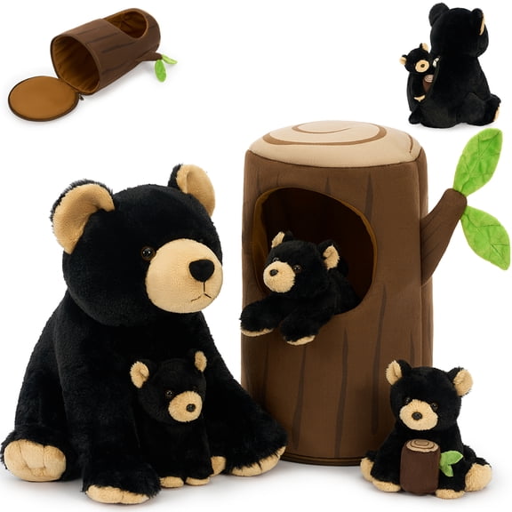 MorisMos 12in Black Bear Stuffed Animal Set,5-pack Bear Plush with Tree Stump House