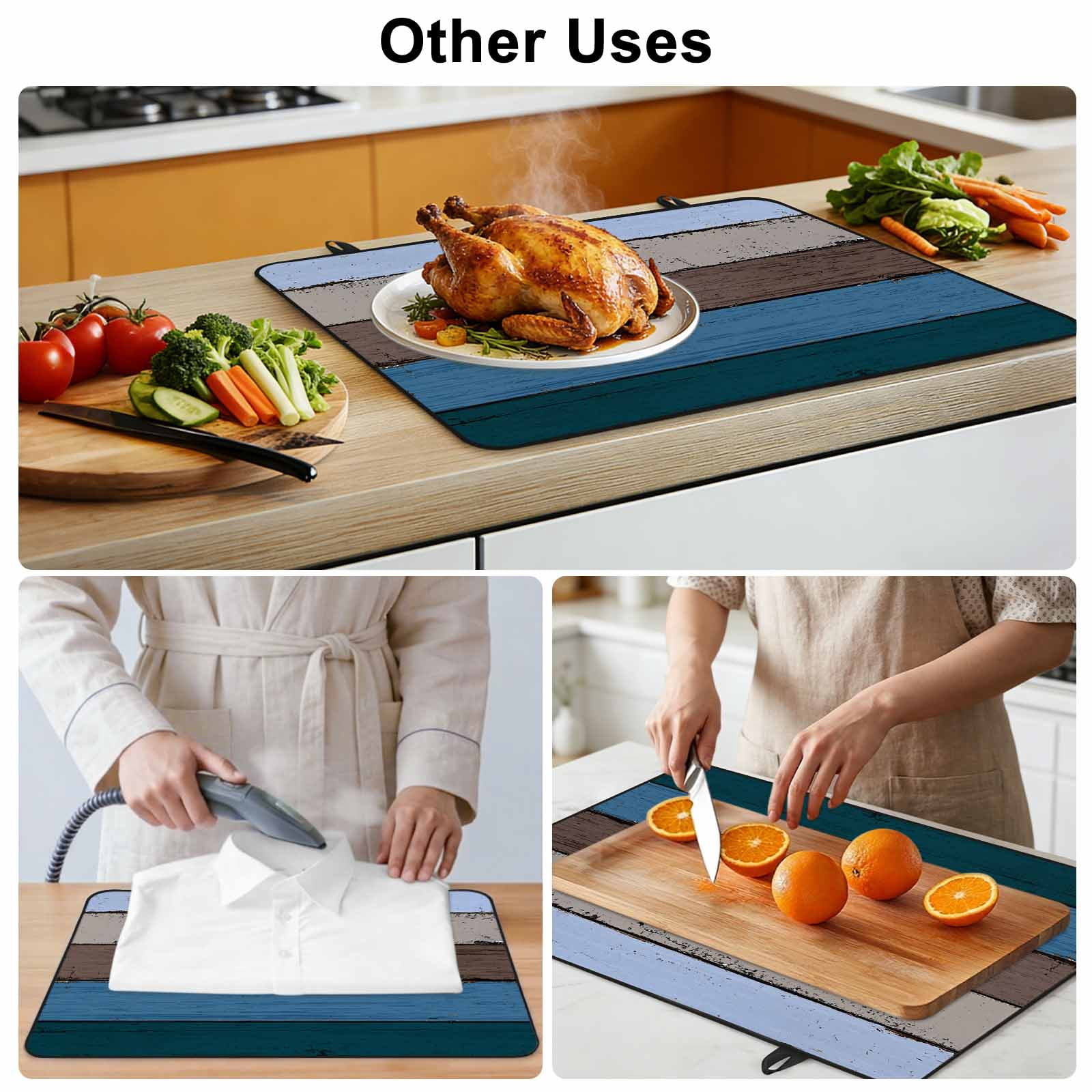 Blue Brown Grey Stove Top Cover for Electric Stove, Heat-proof & Non Slip Glass Top Stove Cover Protector, Vintage Stripe Farmhouse Wood Grain Kitchen Flat Cooktop Rubber Mat 24x21 Inches