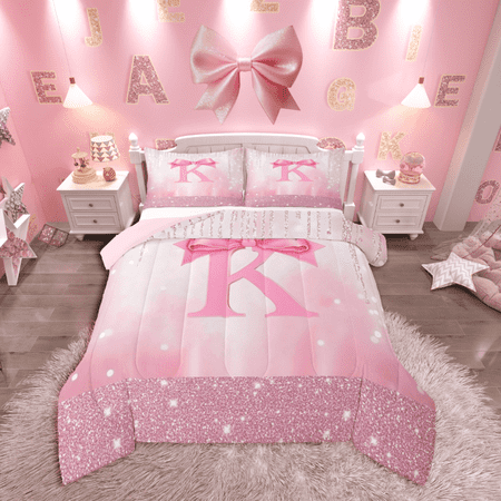 Castle Fairy Monogram K 3pc Full Comforter: Gradient Glitter Print Dreamy Princess