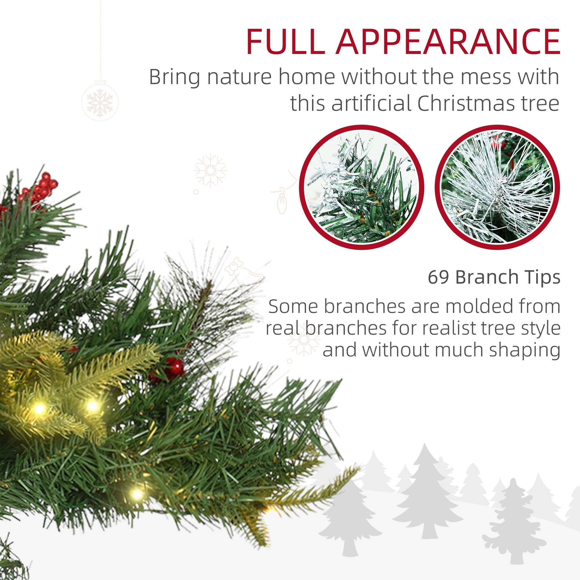 2FT Green Morinda Umbellata Artificial Christmas Tree, 24 Warm White LEDs, 69 Tips with 4 Pine Cones 5 Red Berries, Battery-Operated IP44 Waterproof, Tripod Stake Base, Indoor Outdoor Holiday Decor