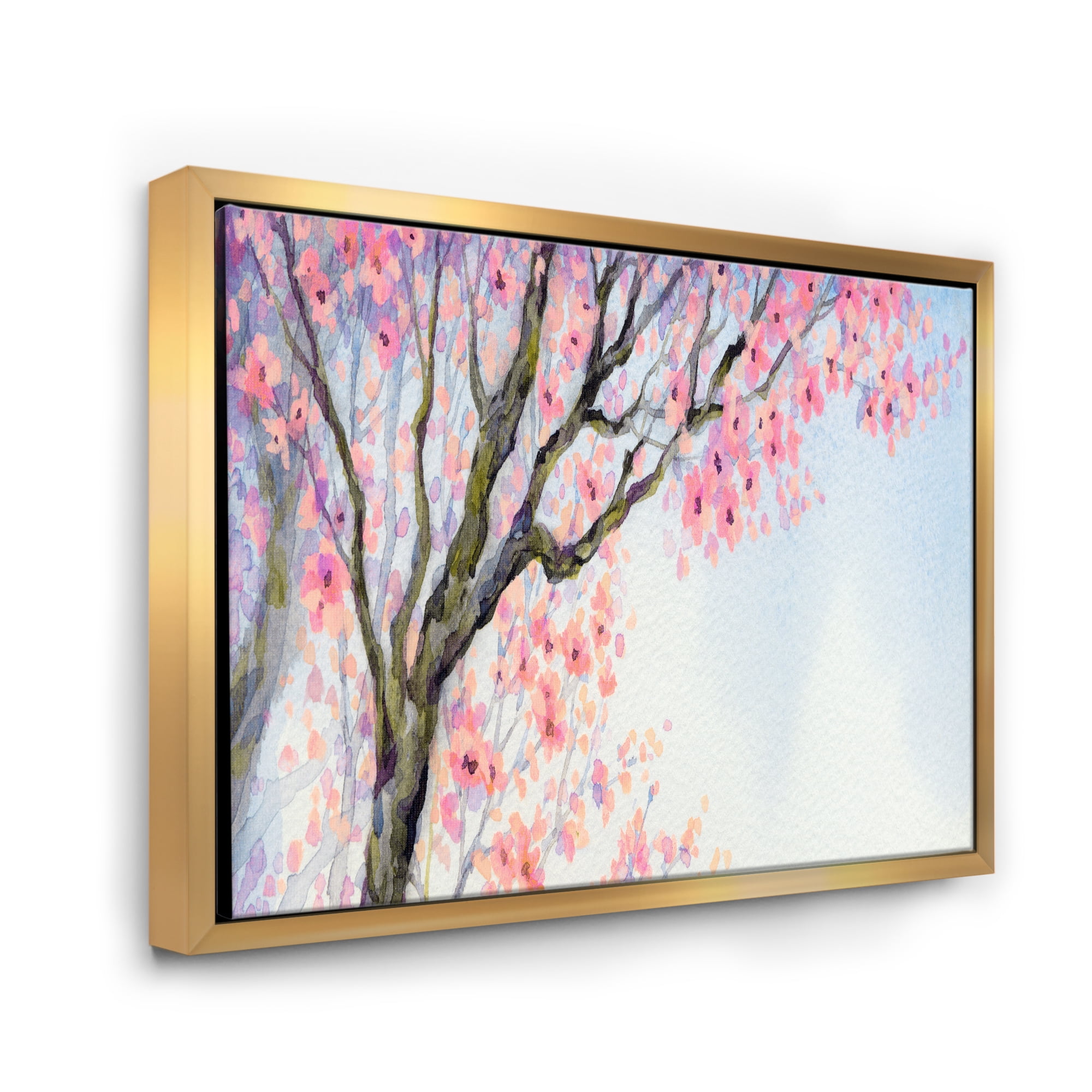 Designart 'Beautiful Pink Bird Sitting On Flowering Branch' Traditional Framed Canvas Wall Art Print