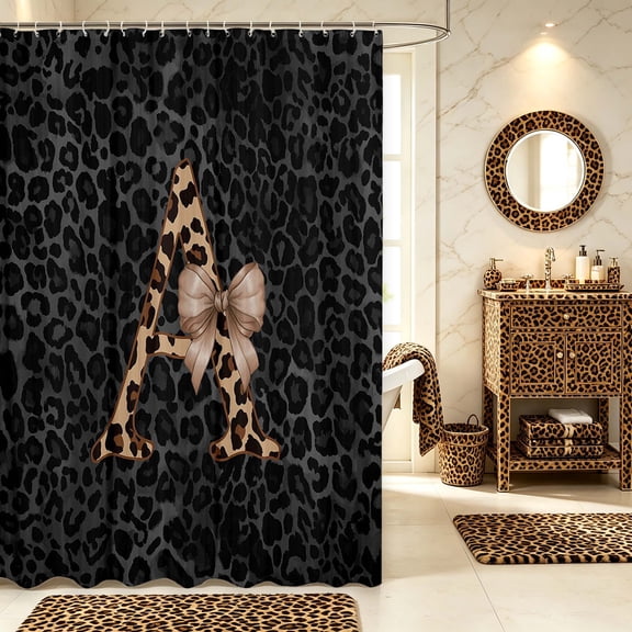 Manfei Leopard Print Initial A Shower Curtain 72Wx72L,Dreamy Bow Bathroom Curtain,Black Brown
