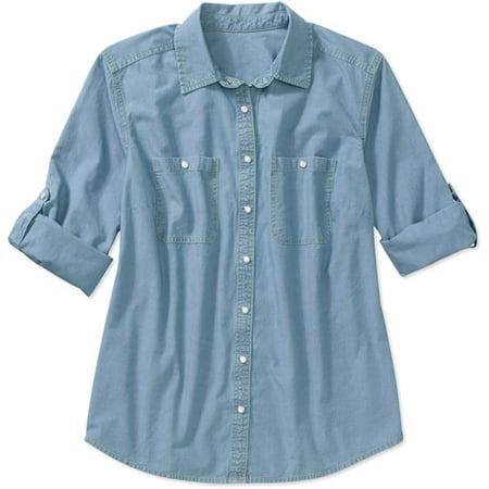 Women's Plus-Size Chambray Shirt with Rolled-Cuff Sleeves - Walmart.com