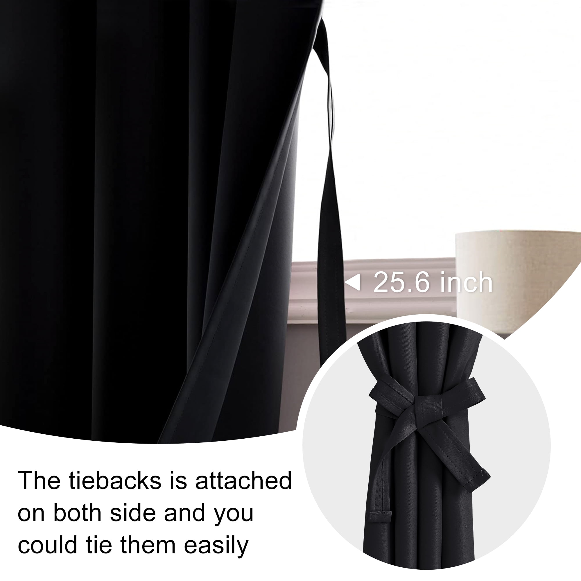 JIUZHEN Blackout Curtains for Bedroom - Thermal Insulated Room Darkening Noise Reducing, 42 x 72Inch Length Curtains for Living Room, Set of 2 Panels with Tiebacks, Black