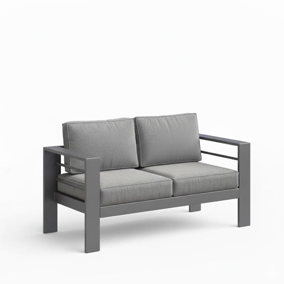 KIOOTTO 52" Outdoor Metal Loveseat, All-Weather Patio 2-Seater Sofa with Gray Cushions, Small Space Couch for Balcony & Porch, Dark Gray