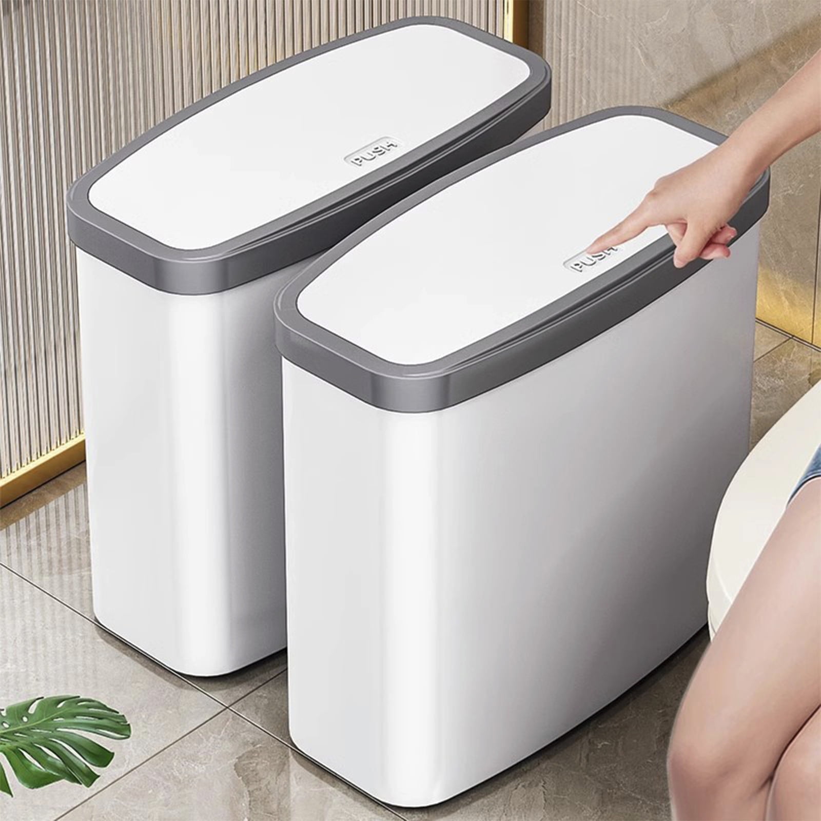Kuroiy Bathroom Trash Can with Press-Popup Lid | White Plastic Wastebasket | Odor-Locking Close Seal | Reinforced Thickened Barrel | Inner Bag Ring | 27.5x27.5x14cm | 1 Bin