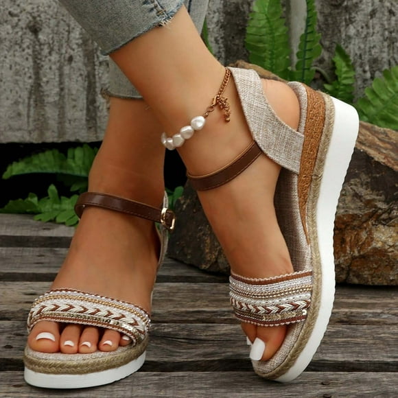 WIZUTIZ Wedge Sandals for Women Sandals Women Athletic Comfortable Stretchy Beach Sandals Pull-On Round Toe Shoes Mid Heel (2"-3") Wide Solid Sandals Mother's Day Gifts Prime Deals Beige