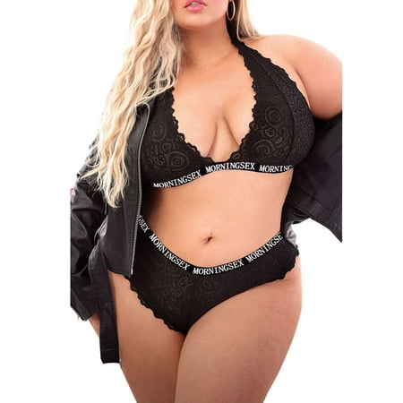 

Eyicmarn Women Sexy Oversize Lingerie Set Black Letters Printed Pattern Underwear and Lace Hem Panties