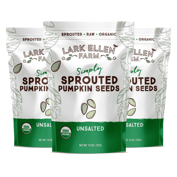 Lark Ellen Farm Sprouted Organic Pumpkin Seeds, Unsalted Raw Pumpkin Seeds Organic, Pepitas, Vegan, Non GMO, Gluten Free, Paleo, and Keto Friendly (14 oz, 3 Pack)