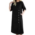 thumbnail image 7 of cocolona Womens Summer Long Sleeve Linen Dress Crew Neck Button Midi Dress Fashion Casual Loose Solid Color Vacation Beach Sun Dress, 7 of 7