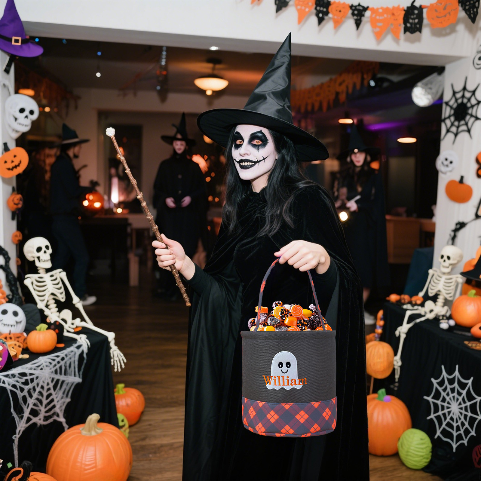 Seau à Friandises Fantôme Halloween - Panier Noir Pour Bonbons, Accessoire De Fête Indispensable