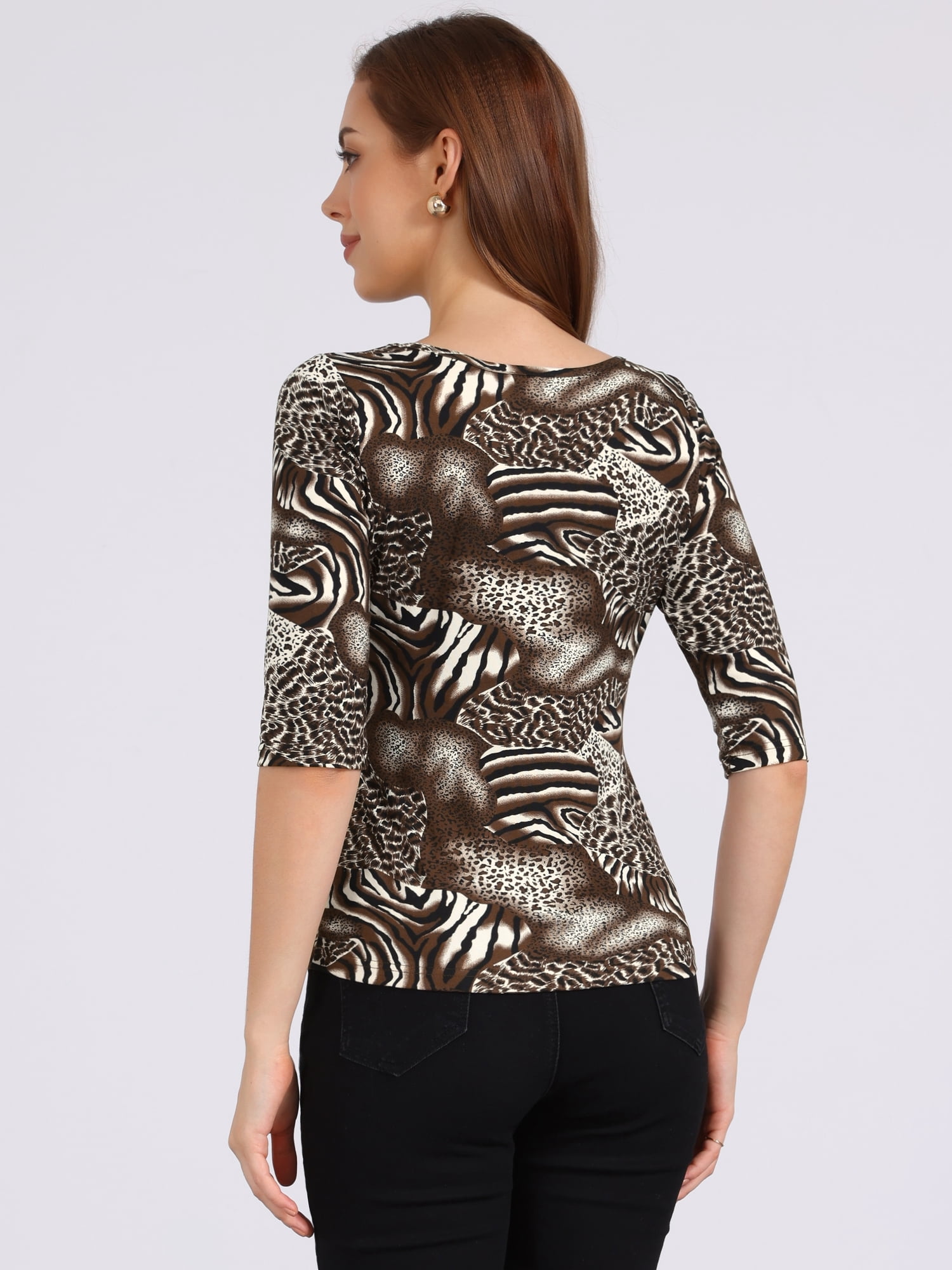 DARING DIVA Women's Elbow Sleeves Round Neck Slim Basic Printed T-Shirt L Coffee-Animal