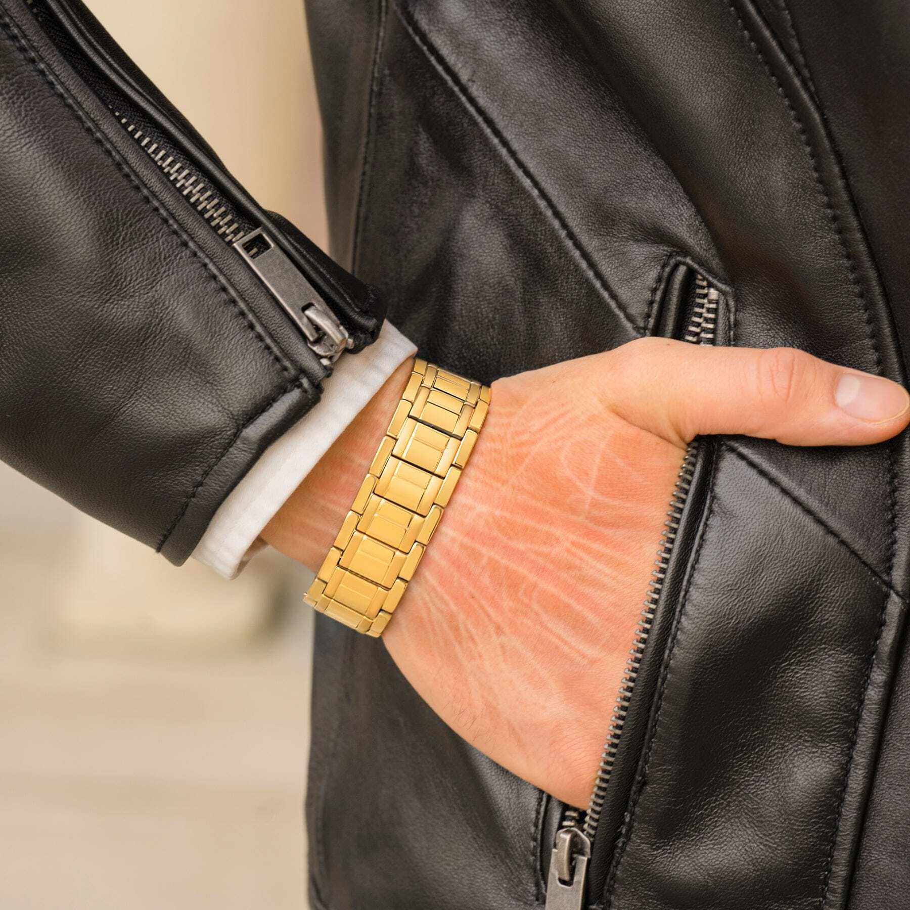 MagnetRX® 3X Strength Titanium Magnetic Bracelet – Magnetic Bracelets for Men – Premium Fold-Over Clasp & Adjustable Length with Sizing Tool (Gold)