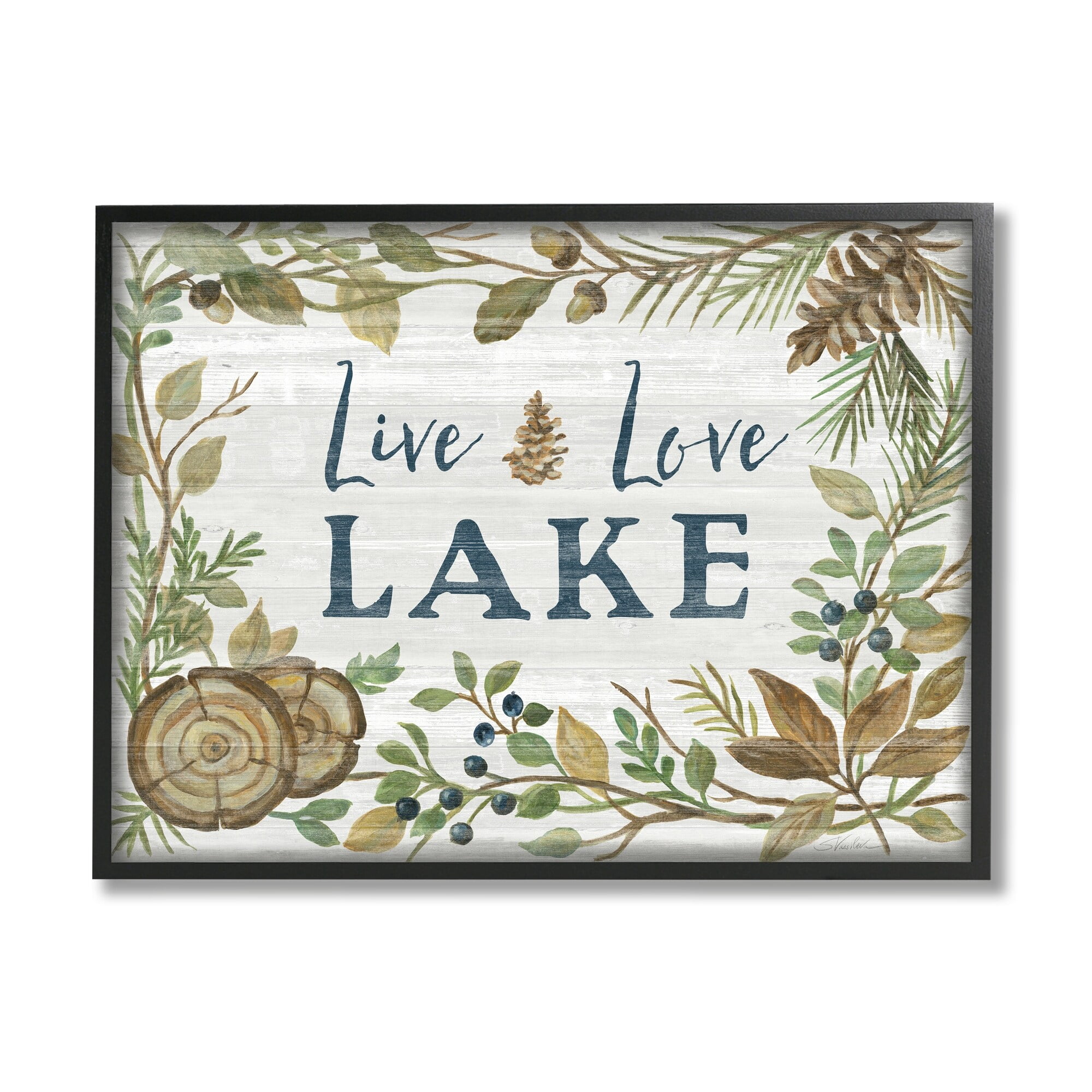 Stupell Industries Live Love Lake Quote Rustic Lakehouse Botanical Frame Graphic Art Black Framed Art Print Wall Art, 20x16, by Silvia Vassileva