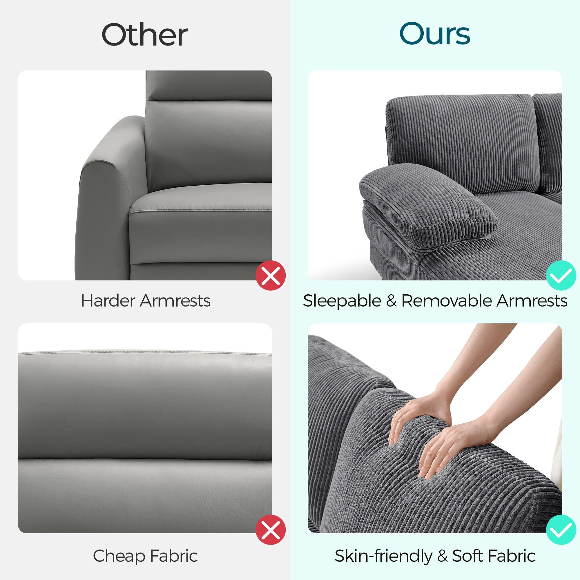 Linsy Home Sectional Sofa for Living Room, U-Shaped Sofa Couch with Corduroy Fabric, 4 Seat Sofa with Double Chaise for Apartment, Dark Gray