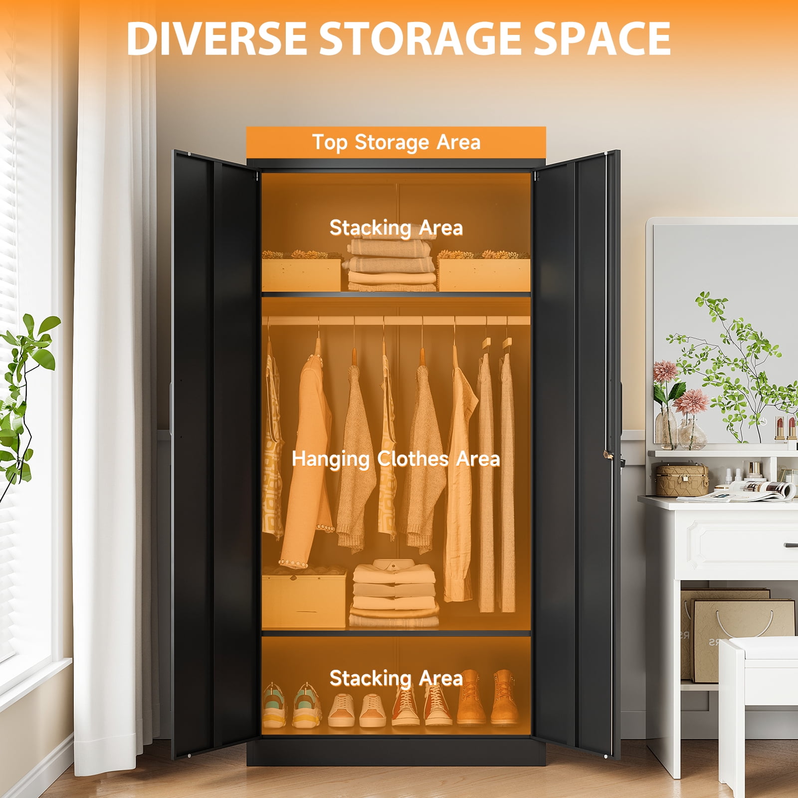 STANI Metal Armoire Closet with Lock, 72" Tall Wardrobe Cabinet with Hanging Rod,Black Steel Clothing Locker Storage for Home,Bedroom,Office,Employee