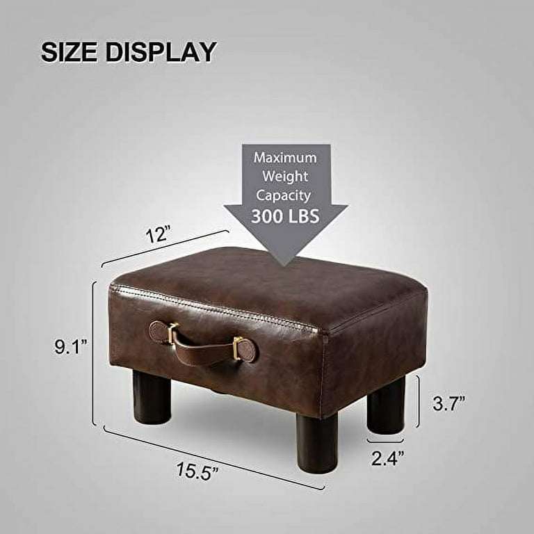 Small Foot Stool with Handle, Brown Faux Leather Short Foot Stool Rest,  Rectangle Storage Foot Stools Ottoman with Plastic Legs, Padded Footstool