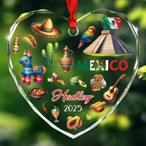 Customized Year/Name Mexico Cultural and Landmark Glass Christmas Ornament Gift for Travellers, Personalized Mexico Trip Lover Xmas Tree Ornament 2025, USA Vacation Hanging Souvenir Ornaments Gift