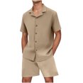 thumbnail image 1 of Mens Botón Abajo Camisa de Manga Corta Arrugas Libres Casual Deportes Cardigan Set, Color Sólido Cuello de Verano Camisa Y Pantalones Cortos, 1 of 6