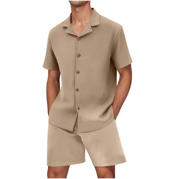 Mens Botón Abajo Camisa de Manga Corta Arrugas Libres Casual Deportes Cardigan Set, Color Sólido Cuello de Verano Camisa Y Pantalones Cortos
