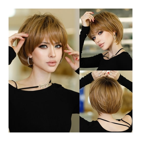 Ombre Wig for Women Daily Party Fluffy Bob Wig Natural Synthetic Hair Fashion Wig with Bangs Heat Resistant Fiber