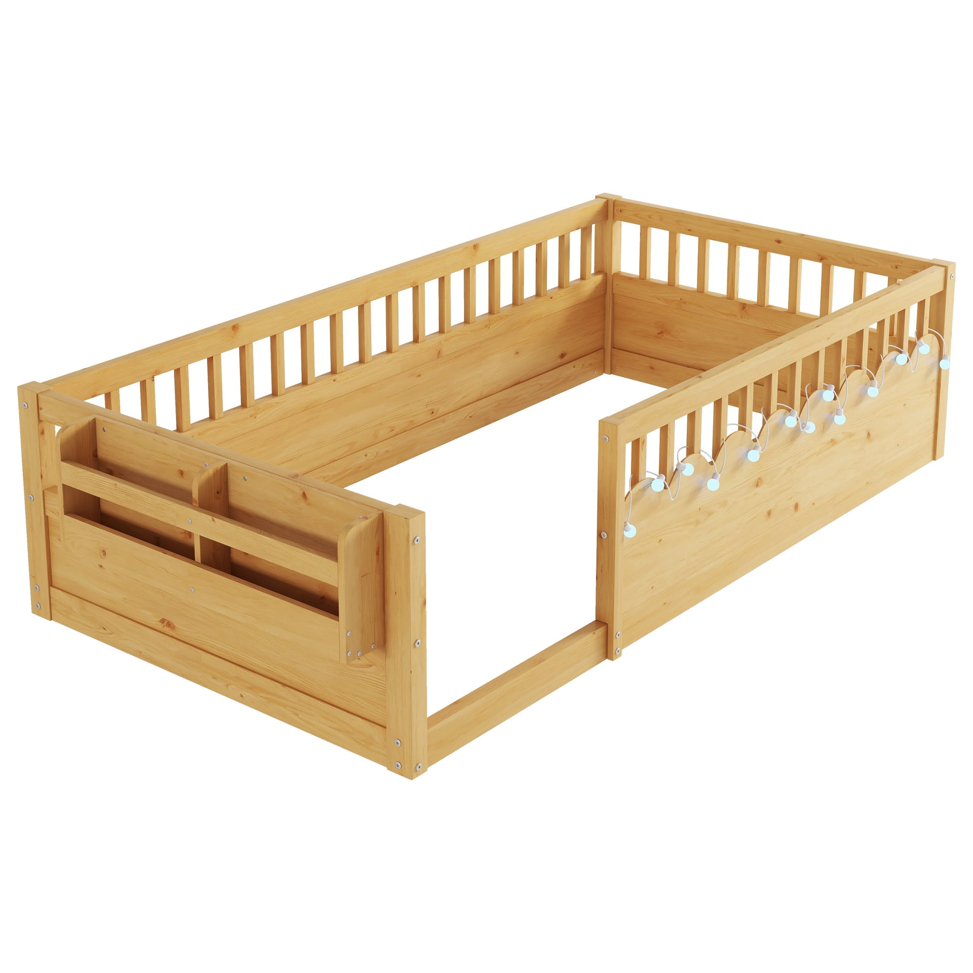 Twin Size Toddler Floor Bed Frame, Montessori Floor Bed with Guardrails, Pine Wood Bed Frame for Kids, No Slats Included, Natural