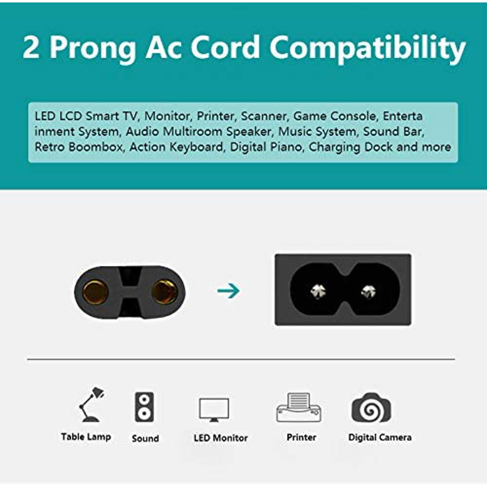 Tv Power Cord 6ft Cable For Samsung Lg Tcl Sony Ul Listed 2 Prong Ac Wall Plug 2 Slot Led Lcd Insignia Sharp Toshiba Walmart Canada