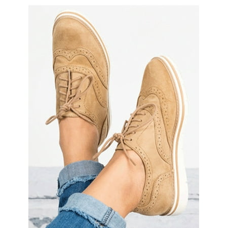 

Wazshop Women Casual Shoes Lace Up Brogues Comfort Flats Breathable Wingtip Leather Shoe Womens Non-Slip Vintage Camel US 7