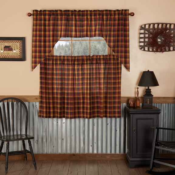 VHC Brands Heritage Farms 4 PC Deep Burgundy Curtain Set (2 Swag 36x16 and 2 Tier 36x36)