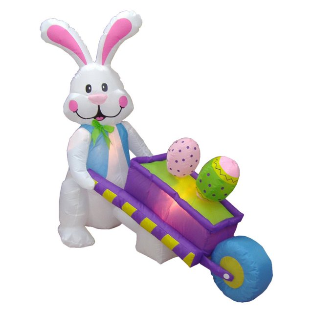 4 Foot Tall Easter Inflatable Happy Bunny Rabbit Pushing Wheelbarrow with Two Eggs Pre-Lit LED Lights Outdoor Indoor Holiday Blow up Lighted Yard Lawn Home Family Outside Decor Party Decoration