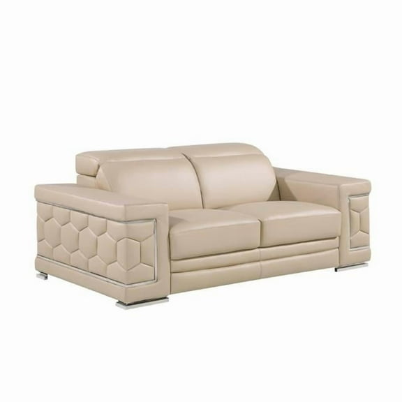 HomeRoots 546439 29 x 71 x 41 in. Beige & Silver Genuine Leather Love Seat Sofa