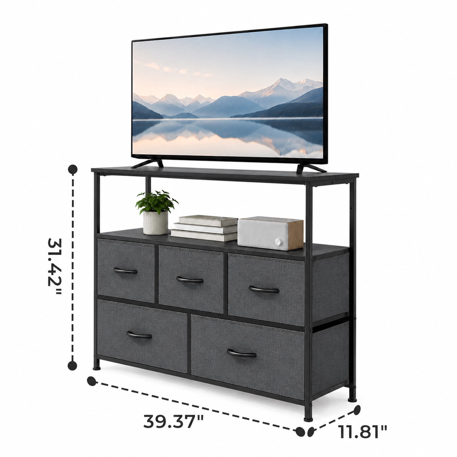 Alvantor Tall Fabric Dresser, TV Stand Media Console, 5 Drawer Storage Tower with Wooden Top for Bedroom, Entryway, Nursery