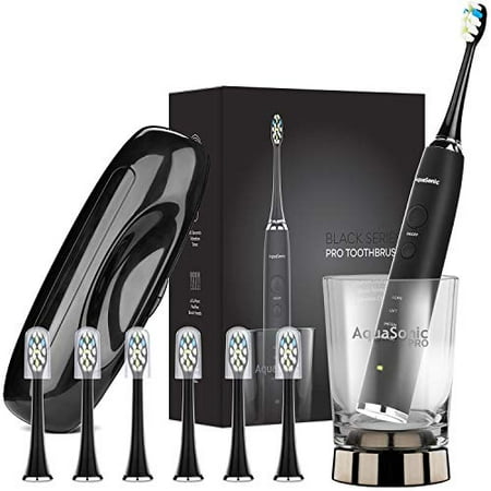 AquaSonic Black Series Pro - Ultra Whitening 40000 VPM Rechargeable Electric Toothbrush w/Revolutionary Wireless Charging Glass - 6 Adaptive ProFlex Brush Heads & Travel Case - 4 Modes w Smart