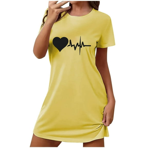 HUJlwoi Printed Women Nightgown Simple Graphic Sleepshirt Casual Summer Short Sleeve Nighshirt Above Knee Chemise Sleepwear