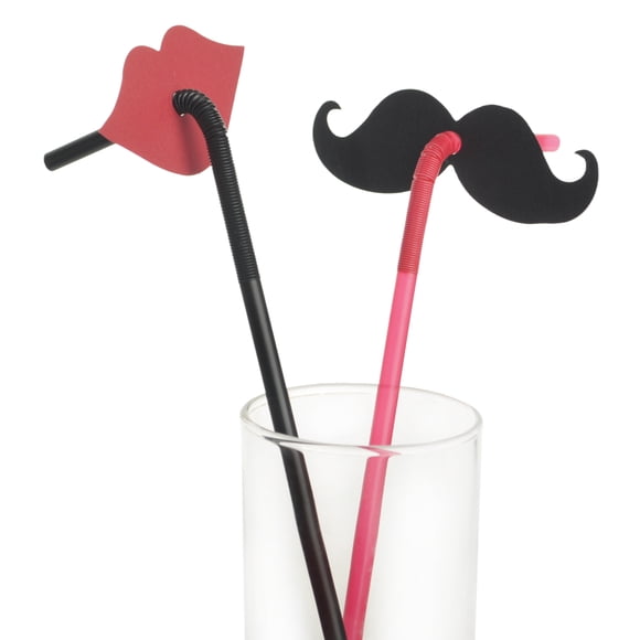 (Pack of 20) Aspire Red Lips and Black Mustache Drinking Straws, Party Supplies-Lips and Beard