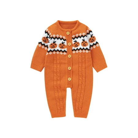 

Jusbysis Baby Knit Sweater Rompers Halloween Pumpkin Print Button Long Sleeve Jumpsuit for Newborn Infant Cute Fall Clothes